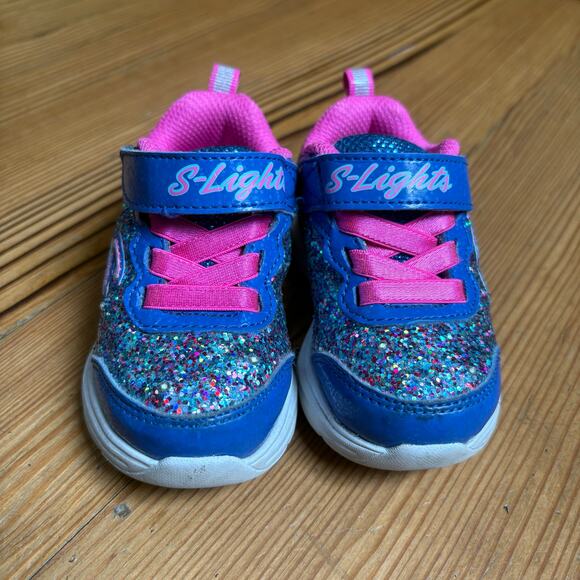 Skechers blue pink glitter light up slip on sneakers SIZE 5 - Picture 2 of 6